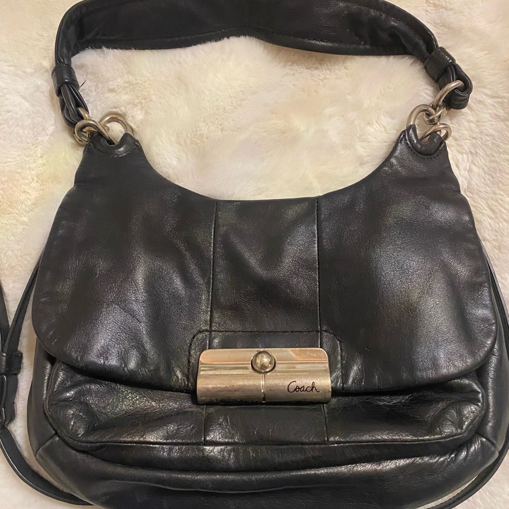 Coach Dark Leather Shoulder satchel Bag with Silver Accents